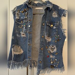 Zara Bejeweled and Distressed Denim Vest
